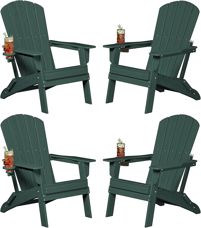 Plawdlik Folding Adirondack Chair, SGS Tested, Wooden Textured with Cup Holder, Heavy All-Weather HDPE Comfortable Set Poolside Backyard Lawn Green Set 4