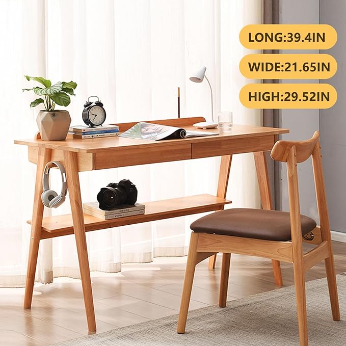 Solid Wood Desk, Mid Century Modern Desks Home Office Desks with Drawers Small Desk for Bedroom