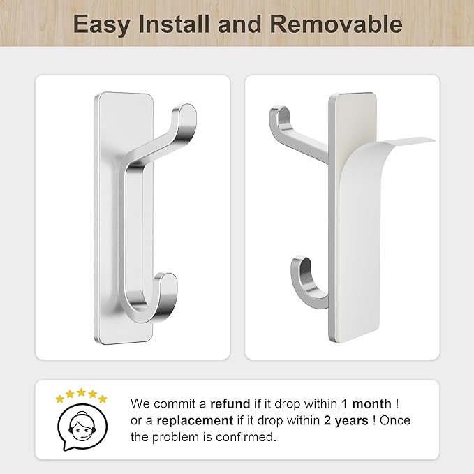 Wall Hooks for Coat and Towel: 13LB Adhesive Door Hanger Stick on, Silver 6 Pack