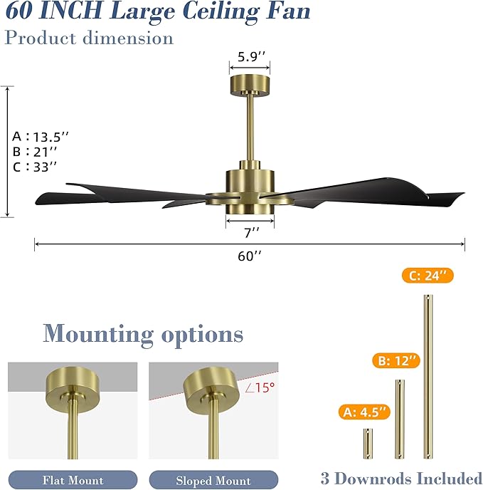 ELEHINSER 60" Ceiling Fan with Lights - 6 ABS Plastic Blades, 3 Downrods, 6-Speed Reversible DC Motor, 3CCT, Windmill Ceiling Fan for Kitchen Bedroom Living Room, Brass and Black