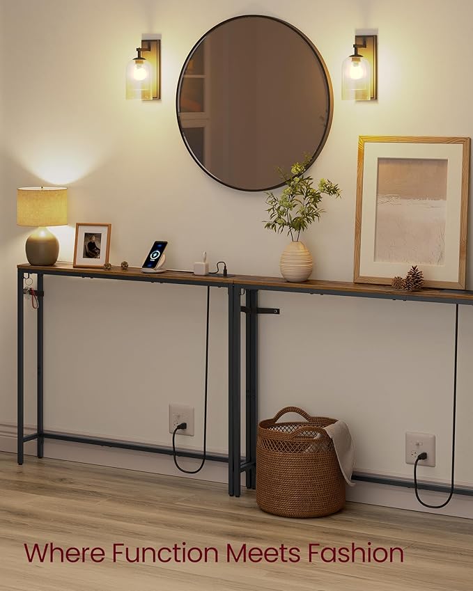VASAGLE Set of 2 Console Tables with Power Outlets, Slim Behind Couch Sofa Tables, 5.9 x 39.4 x 31.5 Inches, 2 Hooks, Easy Assembly, for Entryway, Living Room, Rustic Brown and Ink Black ULNT078K01