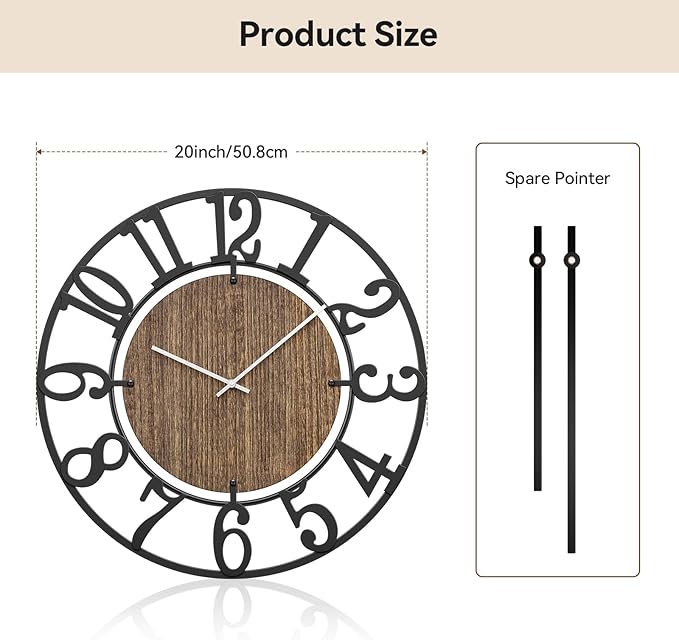 Large Wall Clocks, 20" Black Big Wall Clock for Living Room Decorative by Battery Operated, Oversized Farmhouse Silent Walls Clock with Metal Arabic Number for Office, Classroom, Bedroom
