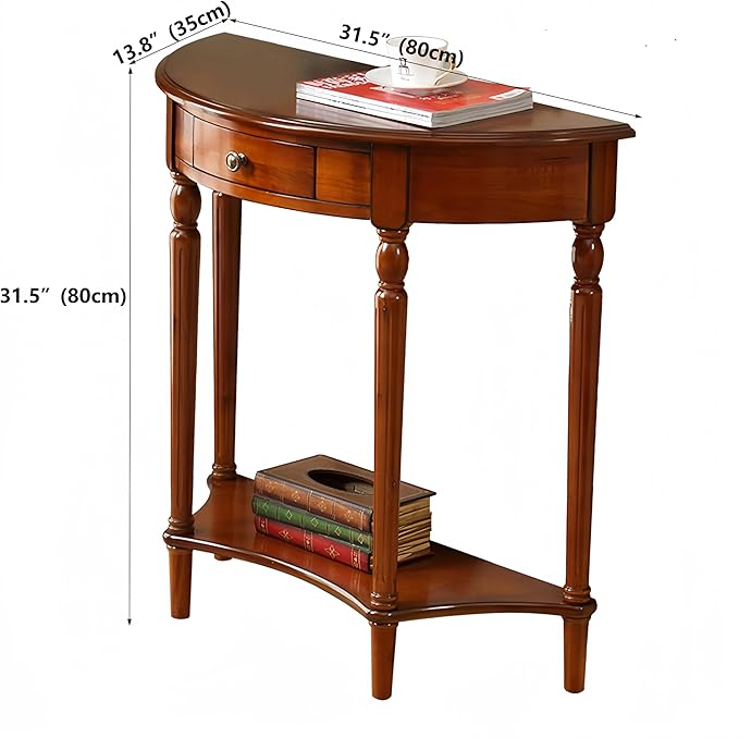 Solid Wood Console Table with Drawer, Semi-Circle Entryway Storage Shelf, Half-Moon Porch Table Side Elegant Vintage Sofa for Living Room (31.5" L x 13.8" W x 31.5" H)