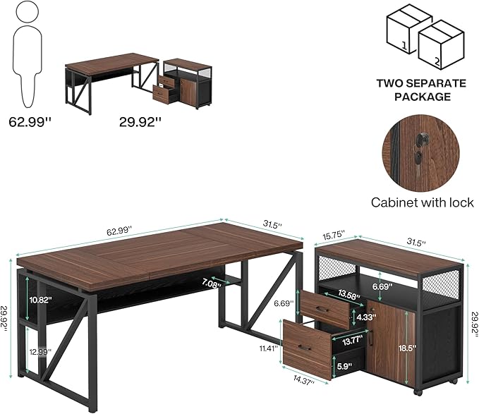 Tribesigns Office Desk with Drawers Sets, 63 inches L Shaped Computer Desk with Mobile File Cabinet,Big Executive Desk for Home Office Furniture Sets (Dark Brown, 63-inch)