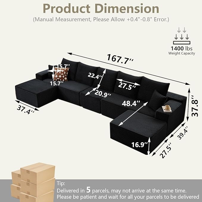 167.7" Sectional Cloud Couch for Living Room, Stupendous U Shaped Sofas, Modular Floor Deep-Seat Sofa, Big Comfy Corduroy Couches Set with Fluffy Memory Foam, No Assembly Required, Black