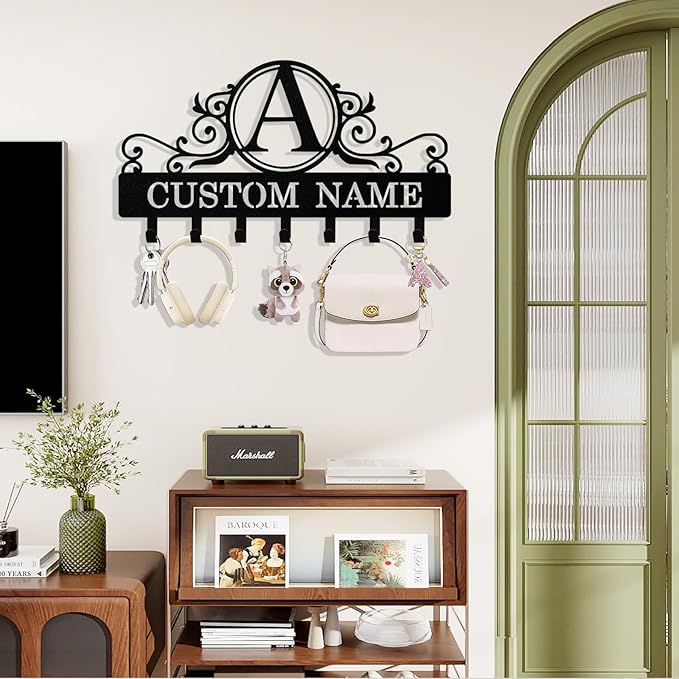 Personalized Key Holder Wall Mount, Custom Metal Keys Hanger for Wall with Name, Name Background Letter Theme Key Rack Holder with Hooks for Home, Entryway, Front Door, Living Room, Kitchen, Bathroom