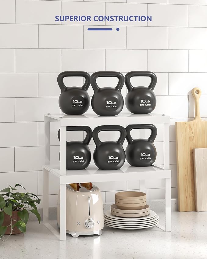 Cabinet Organizer Shelf, Set of 4 Cabinet Shelves, Stackable Metal Kitchen Counter Organizer, Adjustable Countertop Cupboard Pantry Shelf Riser Storage Rack, White