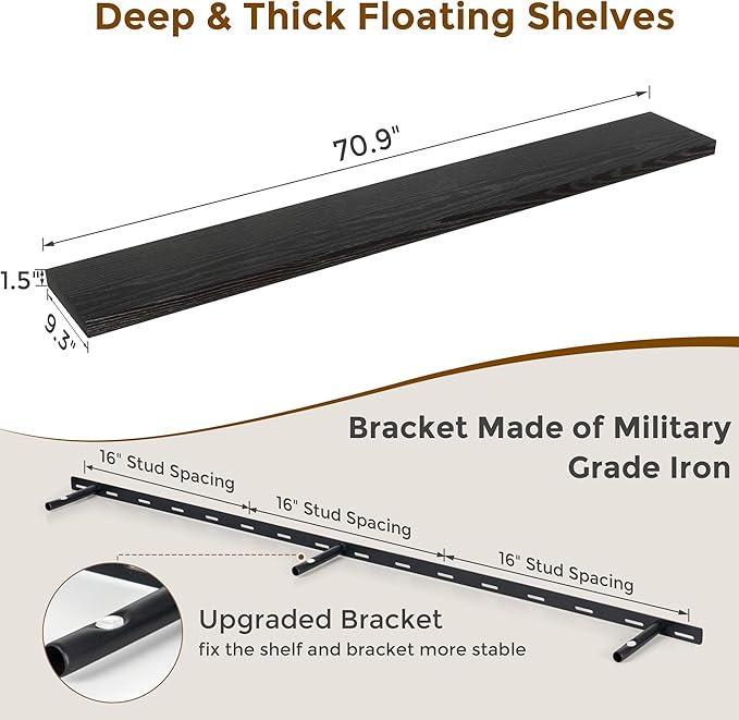 Fun Memories 72 Inch Floating Shelves for Wall, 72x9.3 Large Floating Shelf for Bedroom, Kitchen, Bathroom, Wall Mounted Rustic Wood Shelves with Invisible Bracket for Books, Decor, Black