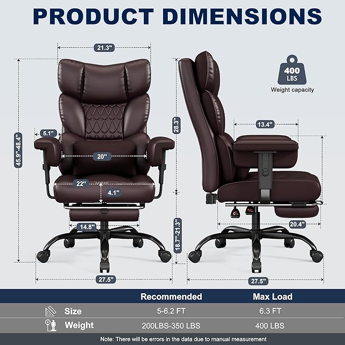 Misolant Big and Tall Office Chair with Footrest, High Back Executive Desk Chair with Adjustable Lift Armrest, 155°Recline，Lumbar Support Pillow, Faux Leather Gaming Chairs for Home or Office Brown