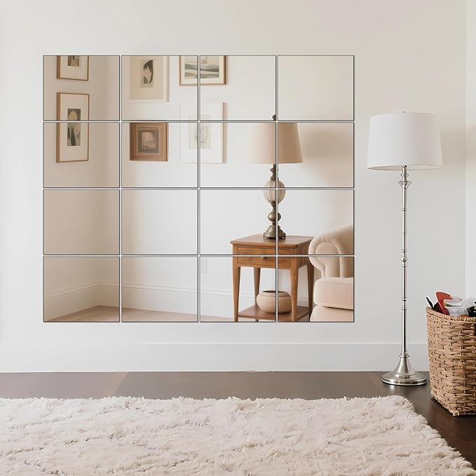 Ruomeng Home Gym Mirrors 14" x 12" x 16Pcs Wall Mounted Mirror Glass Frameless Full Length Mirror Tiles for Home Gym, Bedroom, Door & Bathroom