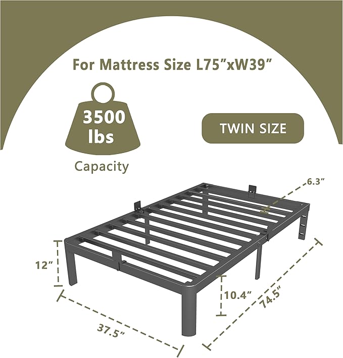 ITIMIDI 12 Inch Twin Bed Frames, Twin Size Bed Frames, Safety Design with Rounded Corner Legs, DIY Headboard Hole, Heavy Duty Platform Support Up to 3500 lbs, No Box Spring Needed, Noise Free, Black
