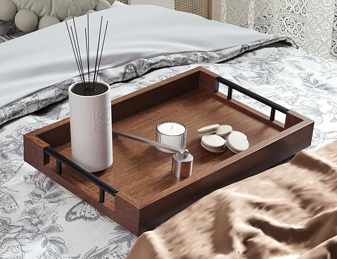 Bamboo Serving Tray with Metal Handles,15x10in Ottoman Decorative Trays Platter for Coffee Table,Living Room,Bar,Party,Medium(Brown)