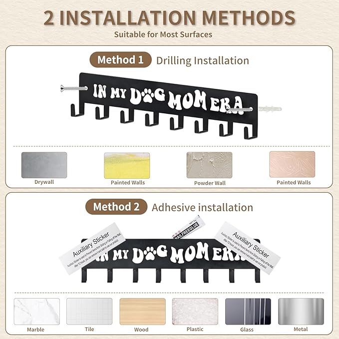 Black Modern Key Holder, 8 Hooks, 11.8x2.56 Inch, Iron, Wall Mount, Dog Leash Holder, Gifts for Dog Lovers