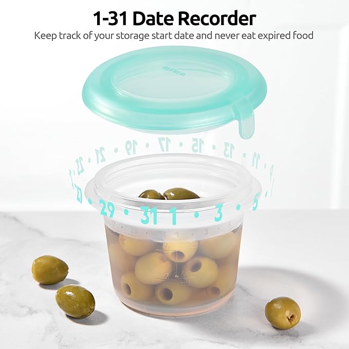 U-Taste 4oz×2 Silicone Food Container Set: Small Kitchen Storage with Airtight Lid, Freezer & Microwave Safe, Snack Box with Date Marking Circle, Clear Stackable for Yogurt, Hummus, Garnish-Aqua Sky