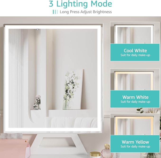 White Makeup Vanity Desk with Mirror and Lights, Vanity Set with Chair, Make Up Dresser Table with Drawers and Power Outlet for Girls Bedroom Small Space