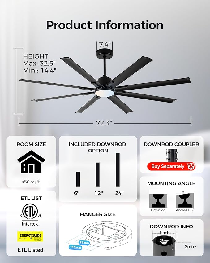72In Black Aluminum Ceiling Fan with Light,Smart ceiling fan with Alexa and APP(via WIFI),6 Speed,3CCT,Quiet DC Outdoor Indoor fan for patio and Living Room