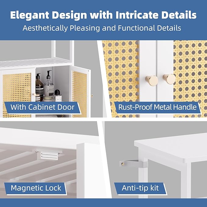HITNET Bamboo Cabinet, Rattan Storage Cabinet with Doors, Freestanding Floor Cupboard for Bathroom, Living Room, Hallway, White