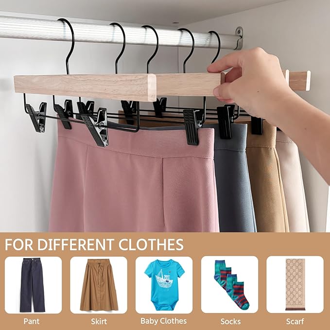 Nature Smile Deluxe Wooden Pants Hangers,Solid Rubber Wood Jeans Skirt Hanger Without Painting,with Adjustable Black Clips and Rotatable Hook,Pack of 10(Natural unvarnished)