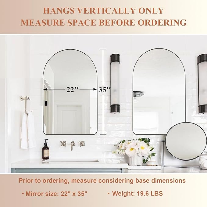 ANDY STAR Arched Mirror, 22" x 35" Brushed Nickle Bathroom Mirror in Stainless Steel Metal Frame, Arch Top Rounded Corner 1" Deep Set Design Wall Mount Hangs Vertical