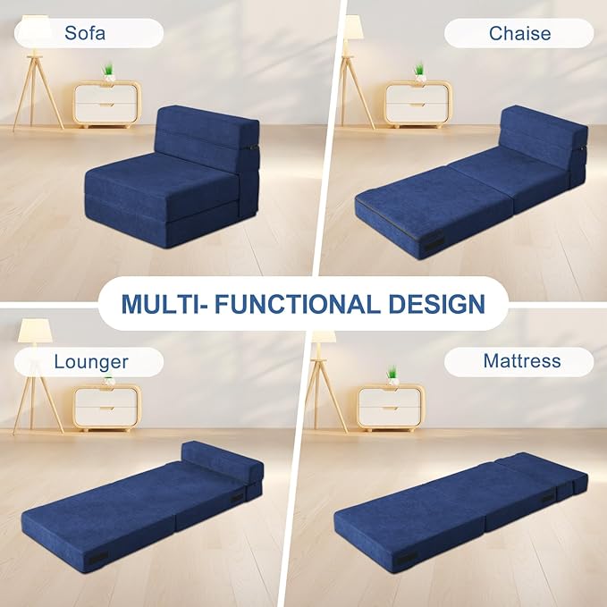 Folding Sofa Bed with Pillow Memory Foam Convertible Sleeper Chair Bed Couch Futon Lazy for Living Room/Home Office/Guest Beds/Apartment/Upstairs Loft,Single Size,Dark Blue
