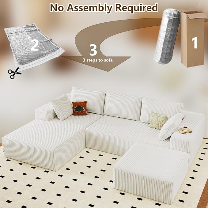 96" U-Shape Cloud Couch, Modern Modular Sectional L-Shape Sofa with Ottoman, Corduroy Upholstered Couches Deep Seat Sleeper Chaise Longue for Living Room, No Assembly Required(White, Left Facing)