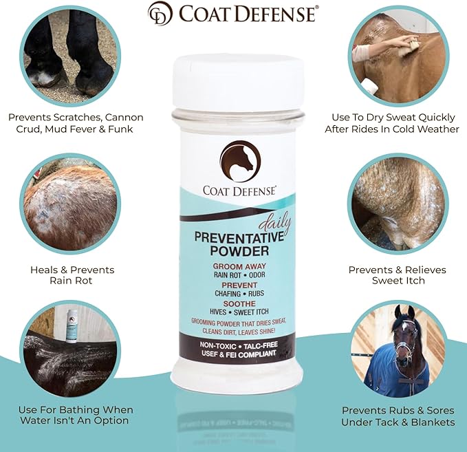 Coat Defense Daily Preventative Powder for Horses - Safe & Effective Equine Sweet Itch, Skin Funk, Scratches, & Rain Rot Treatment - Dry Shampoo for Horses, 8 oz Formula with All Natural Ingredients