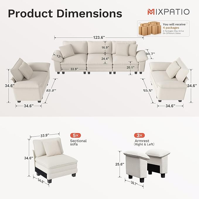 Cloud Couch Sectional Sofa Set, Plush 24.4-Inch Deep 5-Seat Sectional with Velvety Chenille & Removable Arms for Living Room and Apartment, Beige