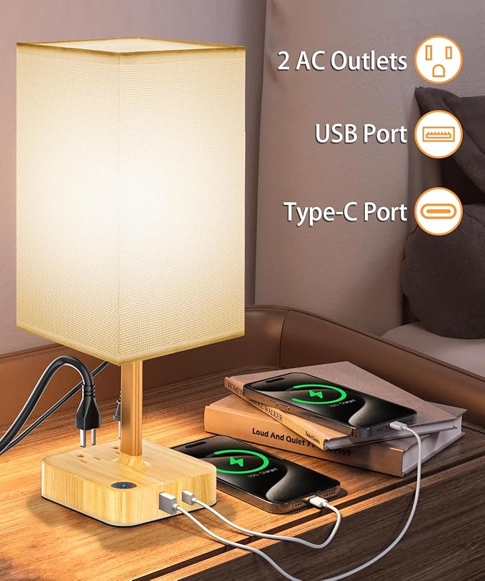 cozoo USB Bedside Table Desk Lamp with 2 USB Charging Ports and 2 AC Outlets,Dimmable Nightstand Lamp with Charger Base White Fabric Shade, LED Light Lamp for Bedroom/Nightstand/Living Room