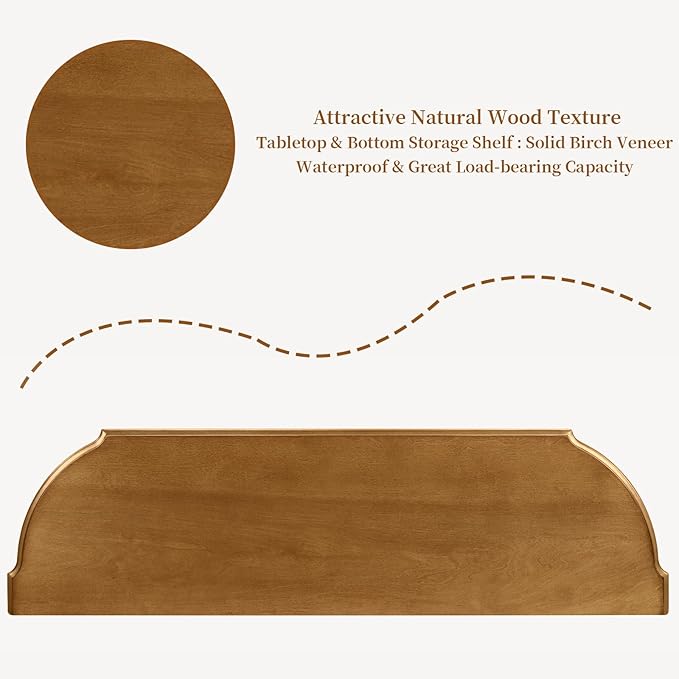 HMFULE Retro Curved Console Table, 43" Solid Wood Half Moon Console Table Entryway Table Sofa Table with Open Shelf Curved Corners 3 Drawers Pine Roman Legs for Living Room,Hallway,Entryway,Brown