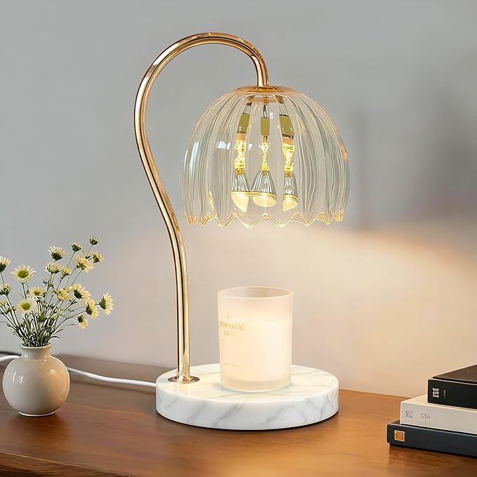 Candle Warmer Lamp with Timer, Electric Candle Warmer with 2 Bulbs for Scented Candles, Dimmable Wax Melt Warmer with Marble Base for Home Room Décor, Gifts for Women Mom
