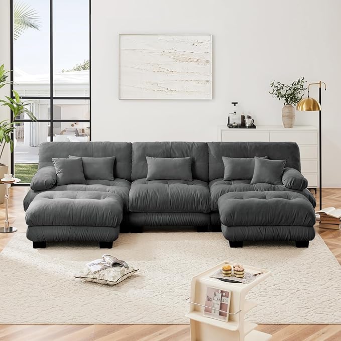 133.8" Oversized Couch, 3 Seater Modular Sectional Sofa, Grey Large U Shaped Sectional Couches for Living Room, Fluffy Couches Set, Chenille Cloud Couch with Ottoman, Sofas for Living Room