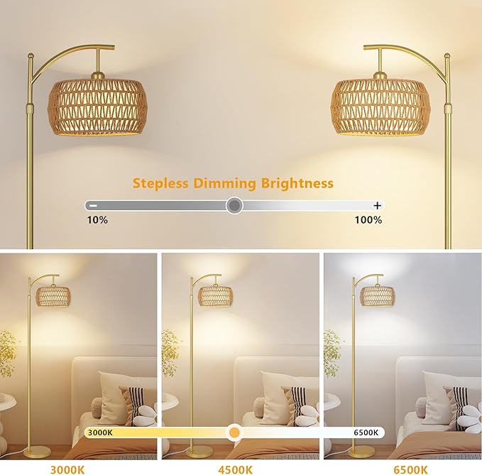 Arc Floor Lamp with 3 Color Temperatures, LED Gold Floor Lamp with Remote & Stepless Dimmable Bulb, Boho Standing Lamp with Rattan & Fabric Shades, Farmhouse Tall Lamp for Living Room Bedroom