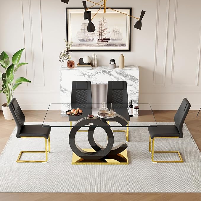 63'' Glass Dining Table Set for 4, Kitchen Table Chairs Set of 4, Clear Glass Dining Table with Black unique design Leg and Gold Metal Base, 4 PU Dining Chairs with Metal Legs, Living Room, Kitchen.