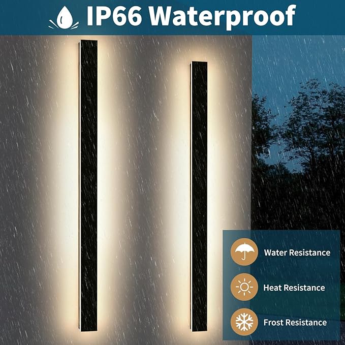 2 Pack Modern Outdoor Wall Light, 3000K Warm White 71inch LED Wall Sconce, IP65 Waterproof Exterior Lighting, Black Aluminium Minimalist Long Wall Lamp for Patio, Garage, Yard