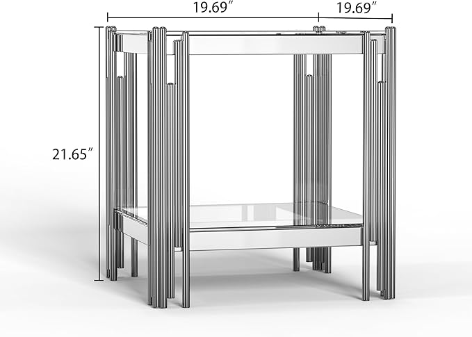Goujxcy Modern Glass End Table Silver Sofa Side Table with Clear Glass Top and Mirror Stainless Steel Legs, Luxury Square Coffee Tea Table Bedside Tables for Living Room Bedroom, Silver