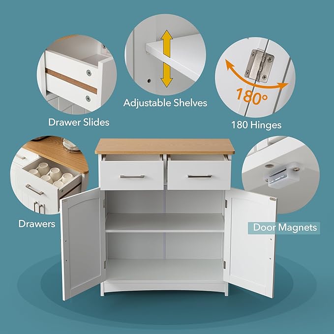 Buffet Cabinet with Storage, Coffee Bar Cabinet 26 x 30 Inches, Oak Top Sideboard Cabinet, Matte White Finish, Anti-Fall Drawers, Arched Doors, Adjustable Shelves