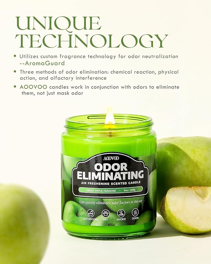 AOOVOO Green Apple Odor Eliminating Highly Fragranced Candle - Eliminates 95% of Pet, Smoke, Food, and Other Smells Quickly, Air Freshing Soy Candle, 9 oz Up to 50 Hours Burn time