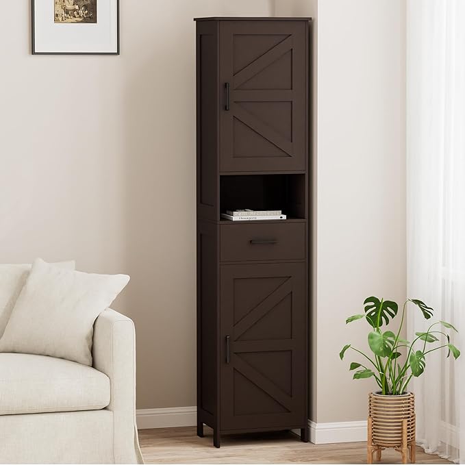Homhedy 67" H Tall Bathroom Storage Cabinet with 2 Barn Doors and 1 Drawer, Narrow Storage Unit, Adjustable Shelves, Floor Cabinet for Bathroom, Living Room, Entryway, Kitchen, Brown, (15.7" W)