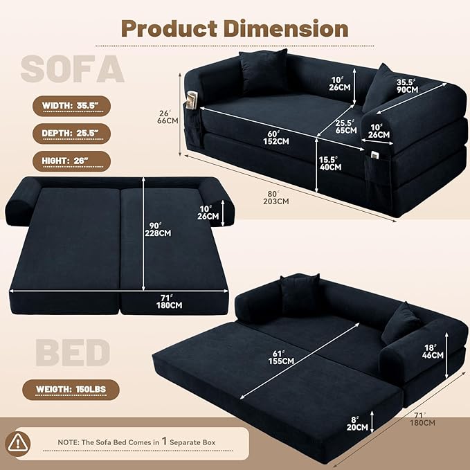 Convertible Futon Sofa Bed,80" Folding Pull Out Couch with Pillows & Storage Pocket, Oversized Queen Sleeper Sofa in a Box,Corduroy Boneless Couch for Living Room,Deep Blue