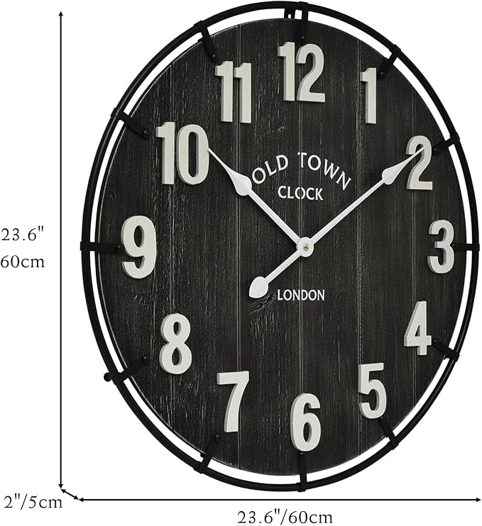Large Old Town Farmhouse Black Wall Clock 24 Inch Rustic Antique Wood with Metal Circle and Large Numerals Silent Battery Operated Wall Clock for Office Kitchen Bedroom Living Room