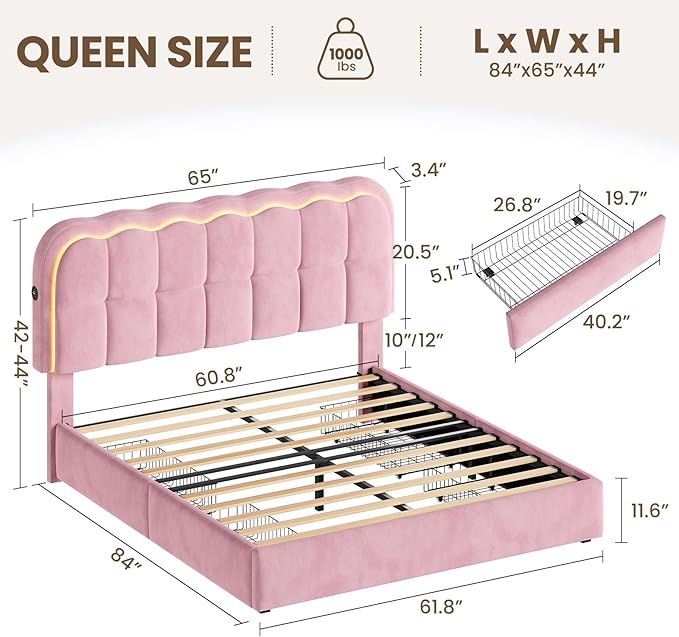 Queen Size Bed Frame with 4 Storage Drawers and LED, Adjustable Clouds Headborad, Velvet Upholstered Platform Queen Bed Frame with Charing Station, Wood Slats Support, No Box Spring Needed,Pink