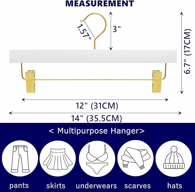 Amber Home 24 Pack White Wooden Pants Hangers with Gold Clips, Wood Skirt and Trouser Hangers for Jeans, Slacks, Shorts