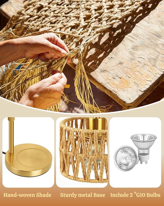 Candle Warmer Lamp with Timer, Dimmable Candle Warmer for Jar Candles, Height Adjustable Candle Lamp Warmer, Boho Rattan Lampshade and 2 Bulbs, Gift for Home Room Decor, Gifts for Women Mom (Gold)