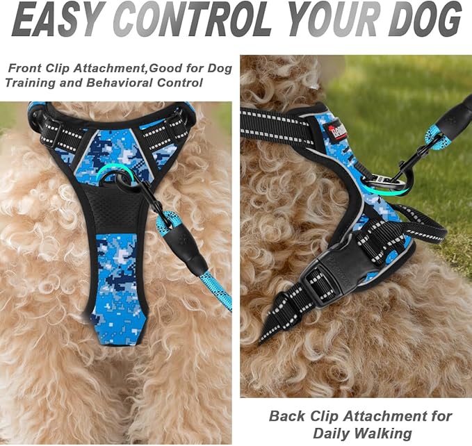 BARKBAY No Pull Dog Harness Front Clip Heavy Duty Reflective Easy Control Handle for Large Dog Walking(Blue camo,XS)