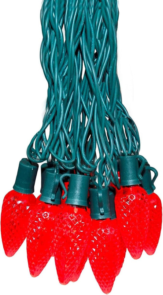 Novelty Lights 25 Feet 25 Light C9 Diamond Faceted LED String Lights, Red, Pre-Lamped Holiday Lights on Green Wire, UL Listed Indoor/Outdoor, Connectable End-to-End