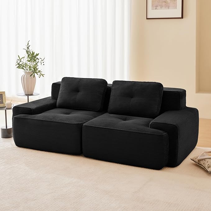 80" Modern Compressed Boneless Love Seat Couches, 2 Seater Large Sectional Couches for Living Room, Black Corduroy Cloud Modular Sectional Sofa, Memory Foam, Extra Deep Loveseat, No Assembly