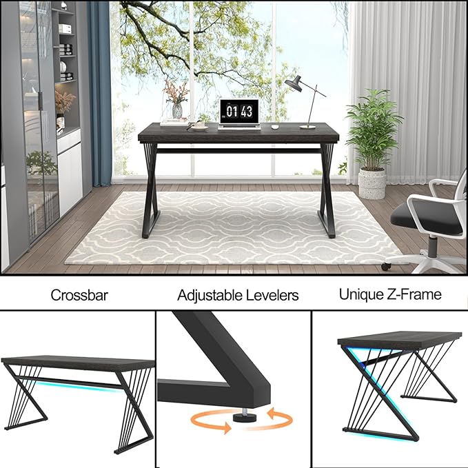 FOLUBAN Modern Home Office Desk, Rustic Wood and Metal Computer Desk, Writing Study Gaming Table PC Desks for Living Room Bedroom, Industrial Dark Gray, 53 inch