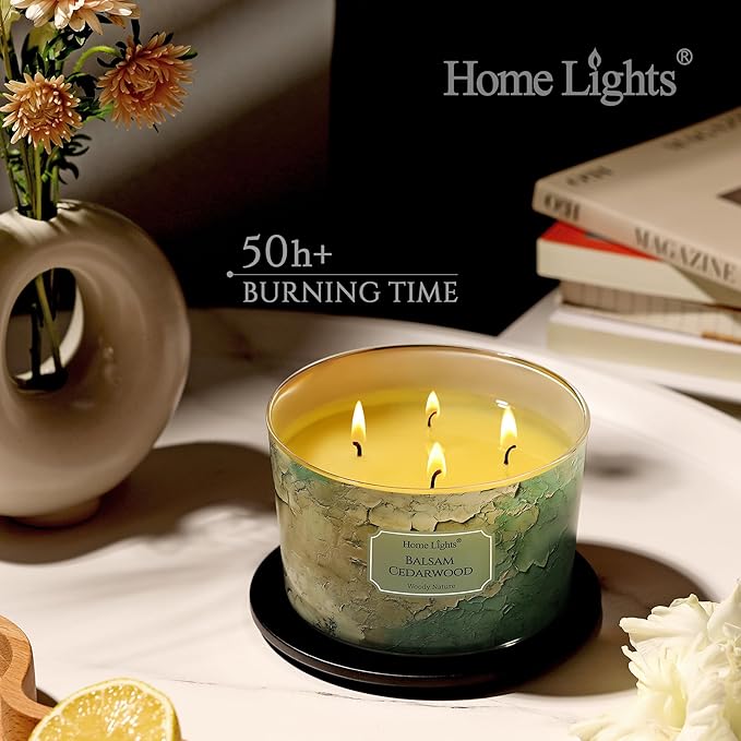 HomeLights Balsam Cedarwood Scented Candles | 18oz Soy Candles Industrial Chic 4-Wick Large Candle Jars | Ideal Candle Gifts for Events, Home Decor Stress, Relief & Relaxation