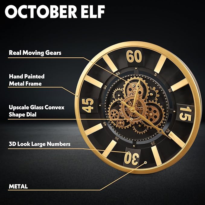 October Elf Large Real Moving Gears Wall Clock 18 Inch Vintage Industrial Steampunk Large Big Metal Wall Clock for Living Room Decor (18 Inch Golden Arabic Numerals)