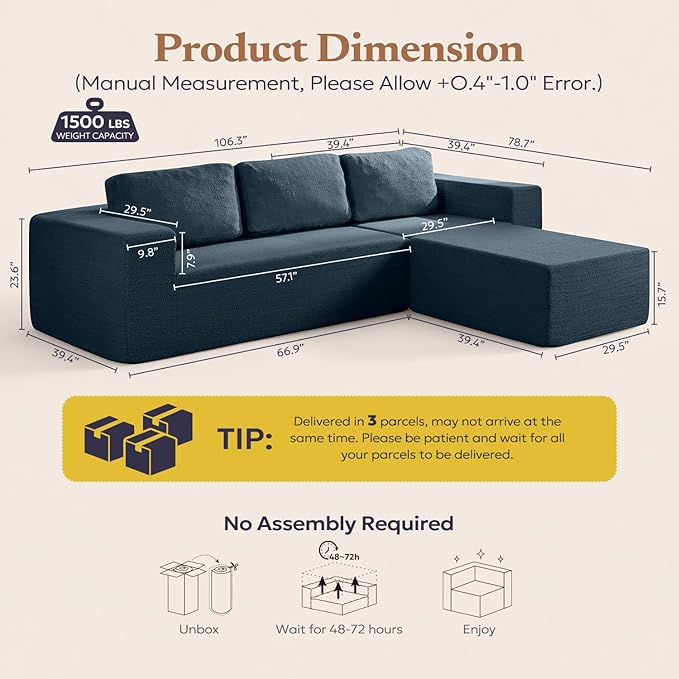 106" Modular Sectional Couch Left/Right Facing Convertible, L-Shape Modern Teddy Sofa, Deep Seat Upholstered Foam Couch for Living Room Bedroom, No Assembly Required (Blue, Teddy Boucle)